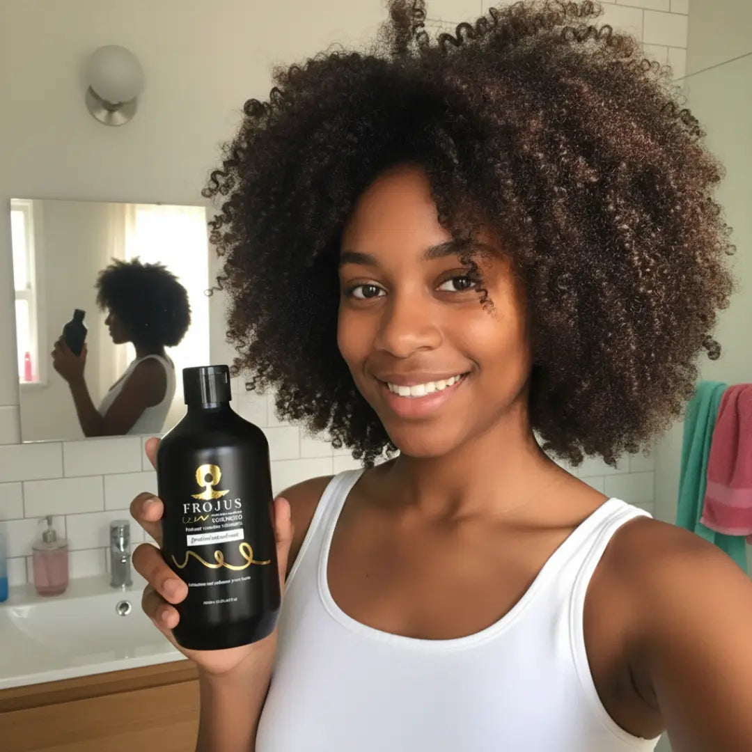 Afro curly hair girl with Frojus shampoo