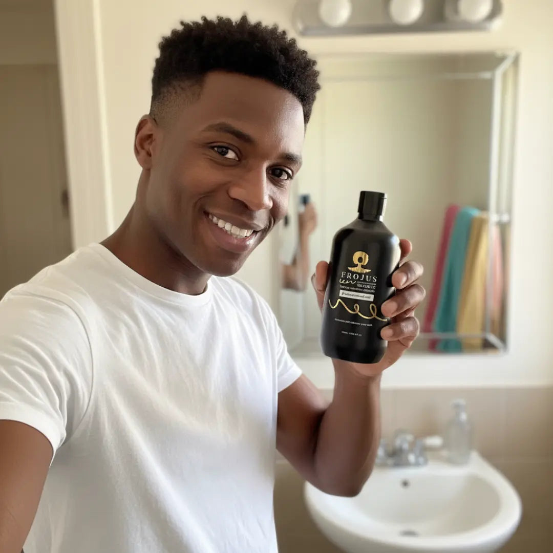 men holding Frojus shampoo